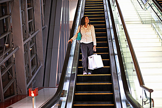成年,女人,购物袋,向下,扶梯,购物中心,迪拜,阿联酋