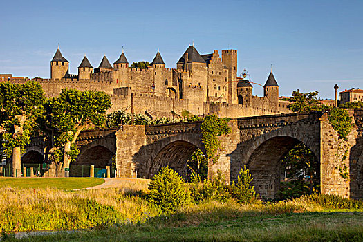 古桥,中世纪,城镇,卡尔卡松尼,朗格多克-鲁西永大区,法国