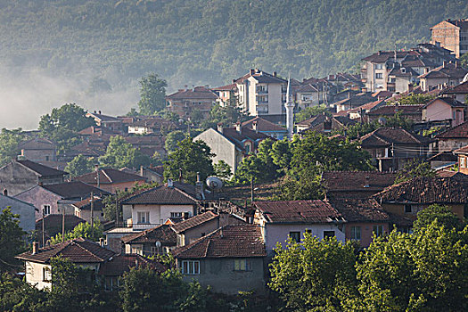 保加利亚,中心,山,大特尔诺沃,老,要塞,区域,俯视图,乡村,雾