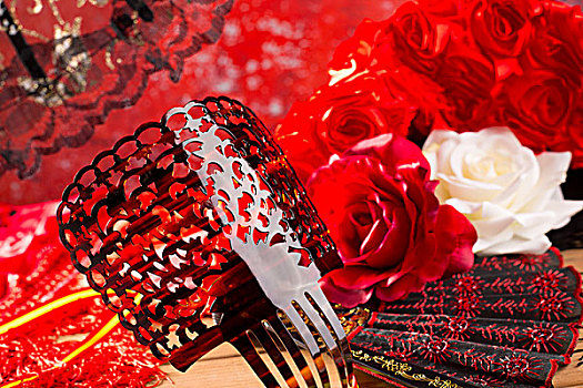 弗拉明戈,扇子,玫瑰,特色,西班牙,红色背景