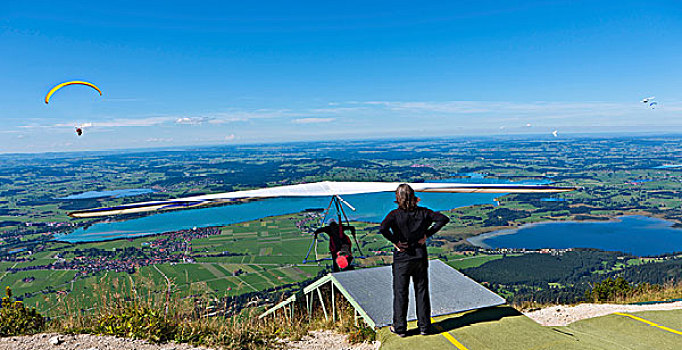 悬挂式滑翔机,开始,场所,山,湖,背影,上巴伐利亚,德国,欧洲