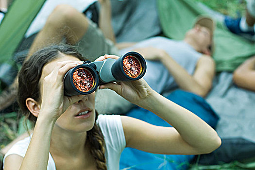 女人,看穿,双筒望远镜,远足,伙伴,休息,背景