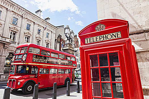 英格兰,伦敦,旧式,伦敦双层巴士,红色公交车,红色,电话亭