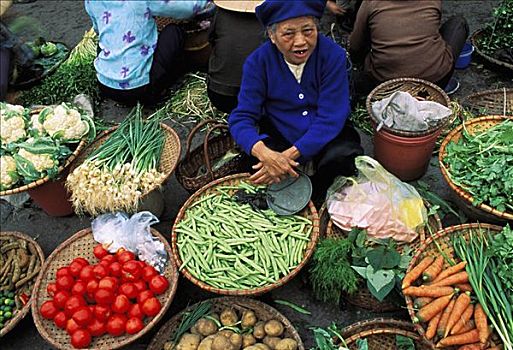 越南,色调,菜市场,女人,围绕,篮子,彩色,农产品