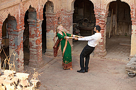 跳舞,院落,穿,纱丽,旁遮普,印度