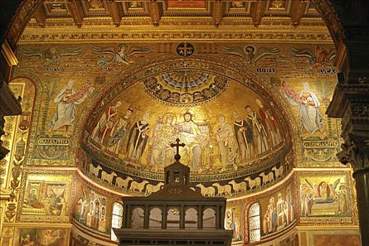 壁画,天花板,绘画,后面,圣坛,圣玛丽亚教堂,特拉斯特维莱,老城,罗马,意大利,欧洲