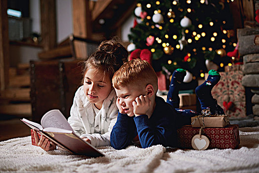 女孩,男孩,放松,旁侧,圣诞树,读,书本