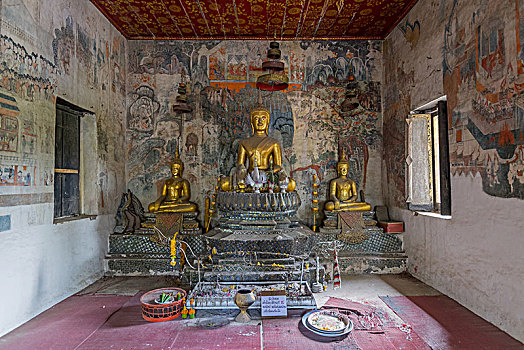 坐佛,雕塑,壁画,背景,寺院,琅勃拉邦,老挝,印度支那,东南亚,亚洲