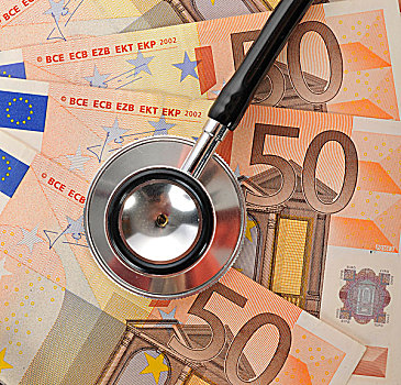 听诊器,欧元,货币,象征,图像,疾病,增加,费用,健康