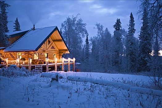 木屋,木头,装饰,圣诞灯光,黎明,靠近,费尔班克斯,阿拉斯加,冬天