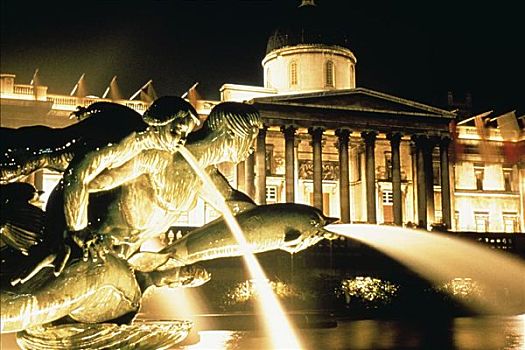 特拉法尔加,喷泉,雕塑,夜晚,伦敦,英格兰