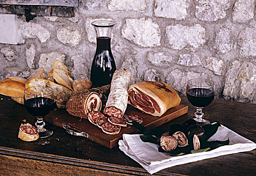 静物,火腿,香肠,面包,葡萄酒,意大利