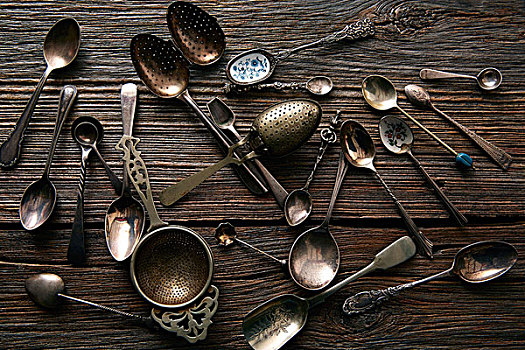 旧式,复古,茶,勺子,过滤器,银,木质背景