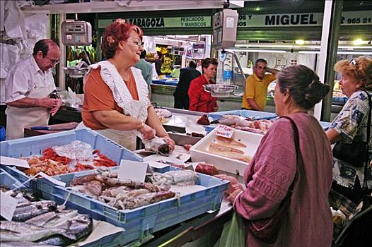 销售,摊亭,鱼肉,顾客,市集,阿利坎特,西班牙