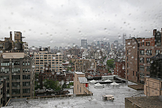 美国,纽约,曼哈顿,建筑,注视,窗户,雨滴,城市,北美,高层建筑,风景,天气,雨,阴郁,灰色,朦胧,不适,雨天