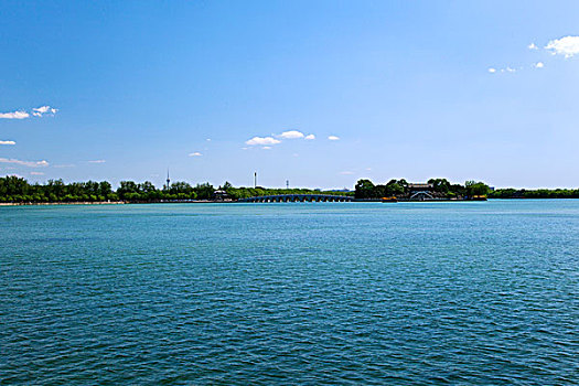 昆明湖涵虚堂码头,游船和十七孔桥