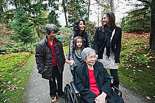 后代,家庭,推,老年,女人,轮椅