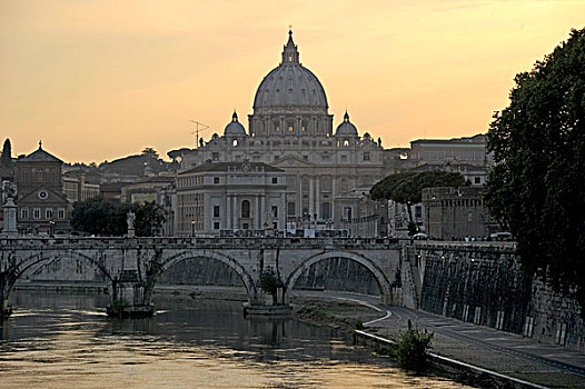 桥,圣天使桥,台伯河,圣彼得大教堂,梵蒂冈城,罗马,拉齐奥,意大利,欧洲