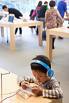 中国,香港,苹果,商店,小孩,看,苹果手机