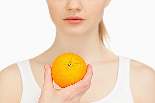 女人,拿着,橙色,白色背景
