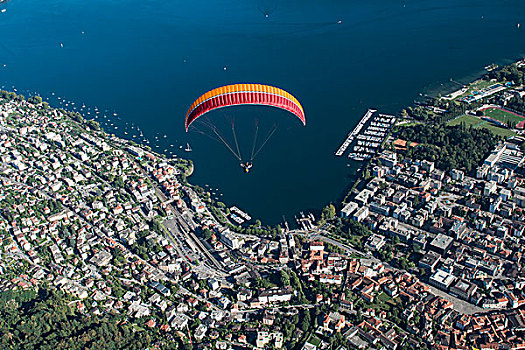 滑翔伞,飞行,滑伞运动,愉悦,度假,马焦雷湖,中心,港口,高山湖,洛迦诺,瑞士,航拍,提契诺河