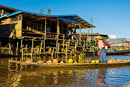 缅甸,掸邦,茵莱湖,漂浮,乡村,男人,农产品,市场