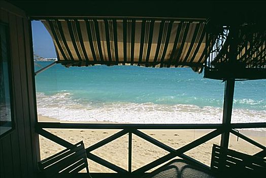平静,海滩,平台,海边,餐馆,加勒比海