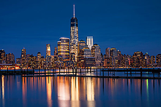 城市天际线,夜晚,一个,世界贸易中心,下曼哈顿,纽约,美国