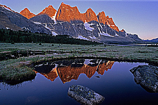 日出,紫色,湖,山谷,碧玉国家公园,艾伯塔省,加拿大