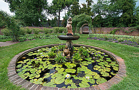 绿雕塑,花园,马里兰,漂亮,植物,粉色,喷泉,荷花,旅游