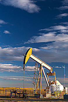 照亮,石油井架,日落,云,蓝天,艾伯塔省,加拿大