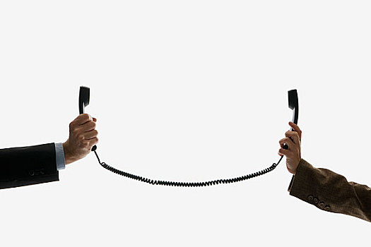 两个,商务人士,拿着,电话听筒,联系,相同,绳