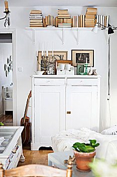 白色,木质,柜子,书本,架子,乡村,客厅