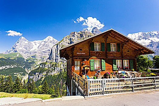 山,木房子,正面,攀升,艾格尔峰,局部,瑞士,阿尔卑斯山,少女峰,伯尔尼阿尔卑斯山