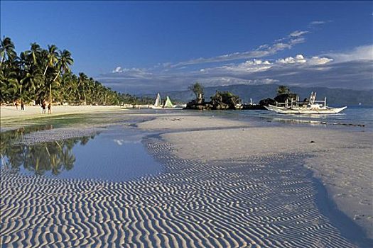 菲律宾,长滩岛,沙子,纹理,海岸线,船,锚定,人,走,白色背景,沙滩