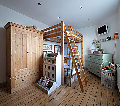 木质,夹楼,床,衣柜,儿童房,连栋别墅,柴郡,英格兰,英国