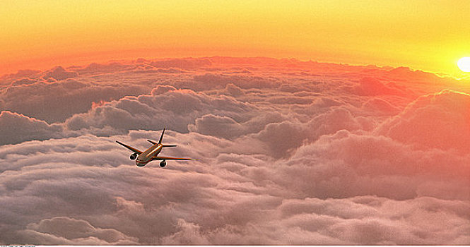 飞机,飞行,俯视,云,日落