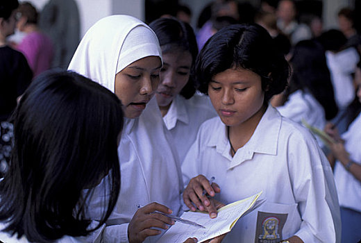 印度尼西亚,雅加达,广场,学童,穆斯林,女孩