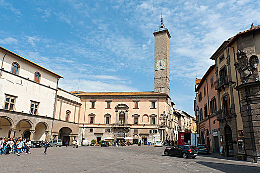 市政厅,城镇广场,邸宅,左边,钟楼,维泰博,拉齐奥,意大利,南欧,欧洲