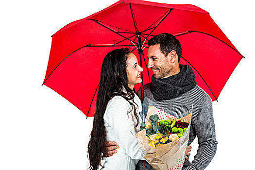 微笑,情侣,拿着,伞,花束,白色背景,背景