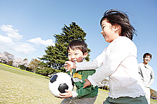 日本人,孩子,玩,足球,公园