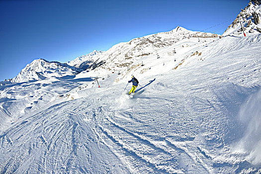 滑雪,下坡,清新,粉状雪,太阳,山,背景