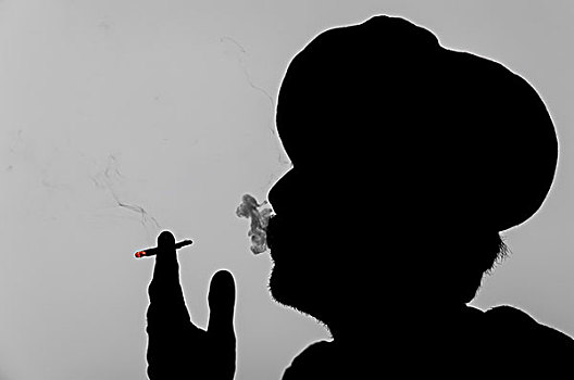 剪影,男人,缠头巾,吸烟,香烟,普什卡,拉贾斯坦邦,印度,亚洲