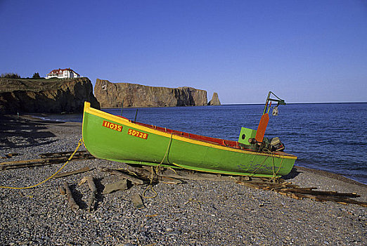 加拿大,魁北克,伽斯佩,渔船,海滩,皮尔斯山岩,背景