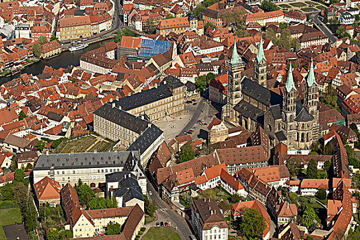 航拍,班贝格,大教堂,城堡,上弗兰科尼亚,巴伐利亚,德国,欧洲