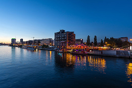 晚间,风景,施普雷河,右边,光亮,餐馆,柏林,德国,欧洲