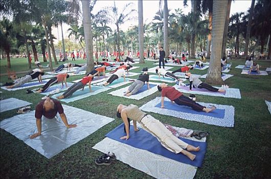 泰国,曼谷,人,练习,瑜珈,公园