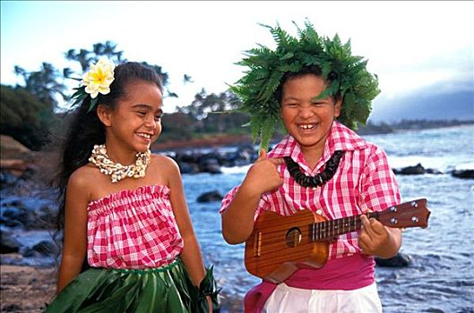 孩子,夏威夷,戴着,草裙舞,夏威夷四弦琴,海洋,背景