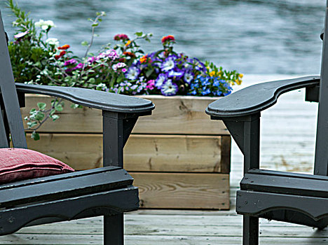 宽木躺椅,平台,湖,木头,安大略省,加拿大