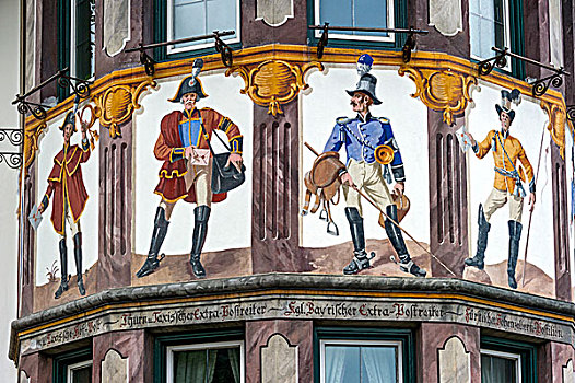 壁画,多样,柱子,骑手,凸窗,酒店,韦尔登费尔斯,上巴伐利亚,巴伐利亚,德国,欧洲